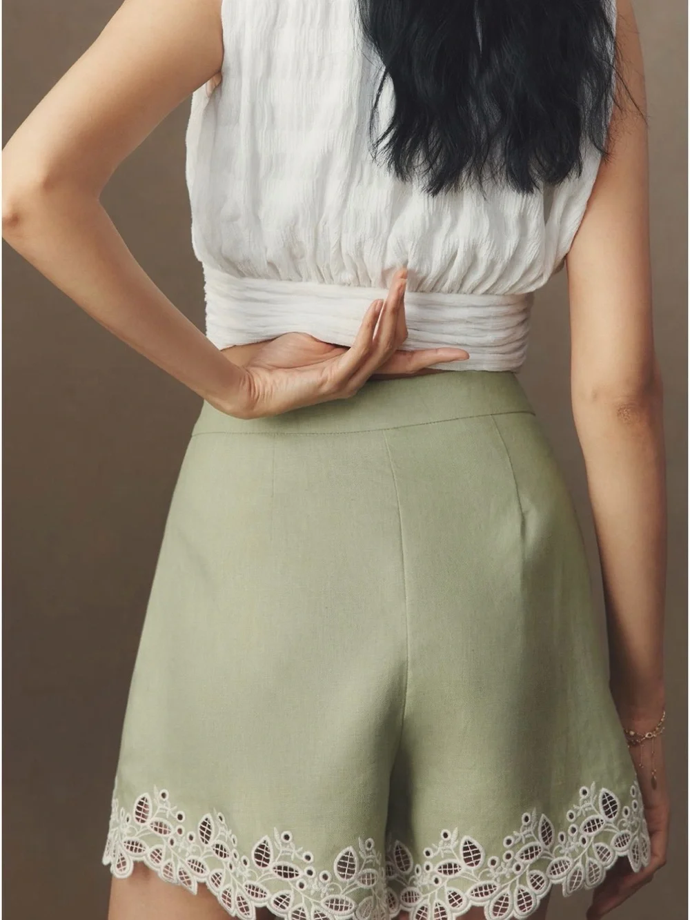 Anthropologie Astr The Label Kiya Green Eyelet-Hem Linen Bermuda Shorts